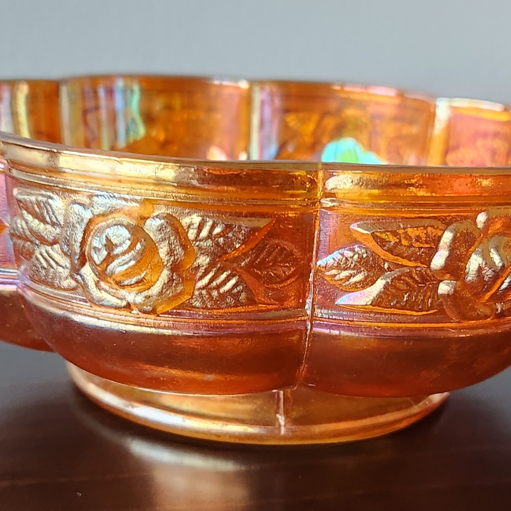 Vintage Jeannette Aztec Rose Carnival Glass Marigold  2 Handled Candy Dish/Bowl